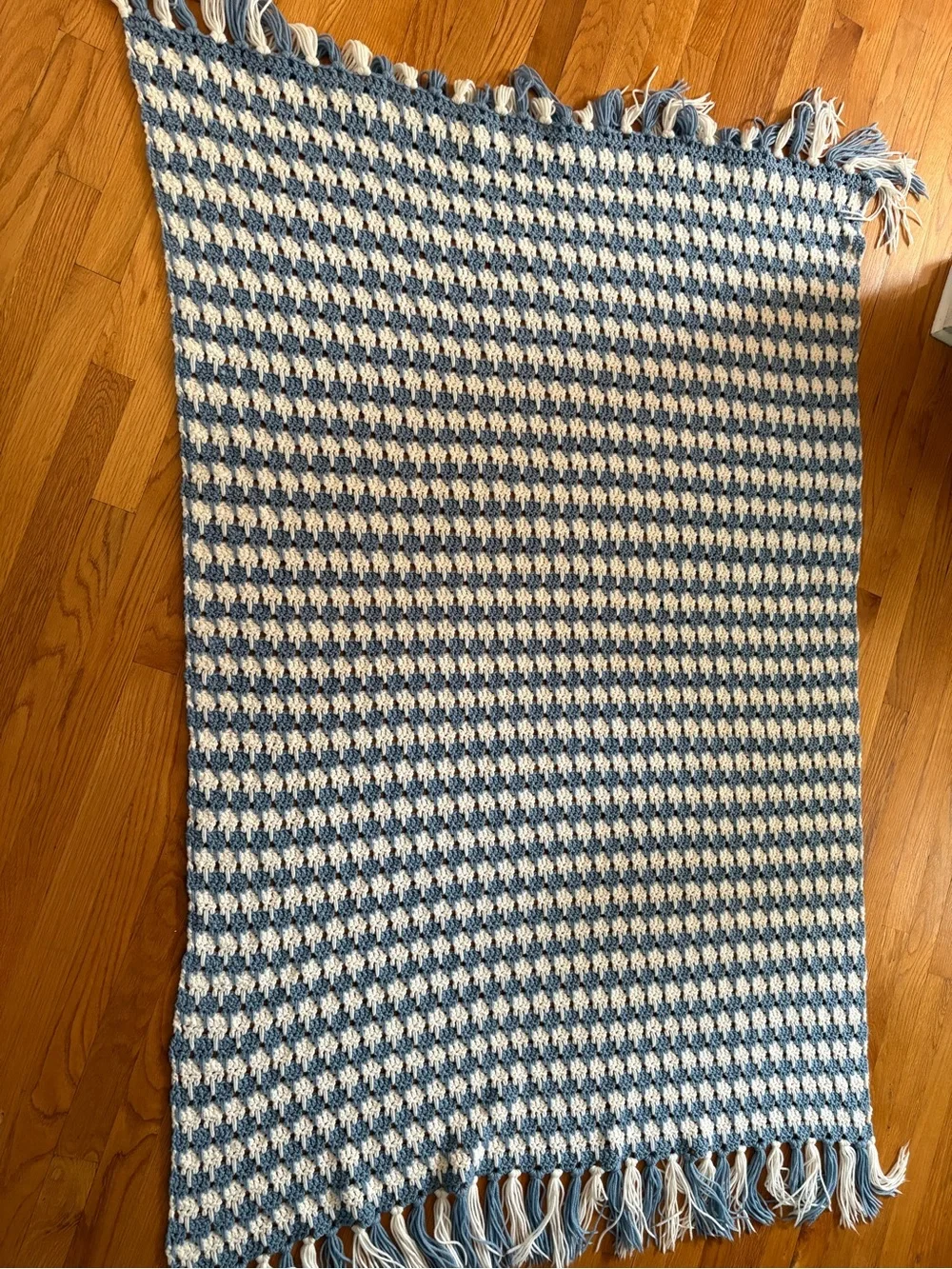 Handmade Crochet Afghan Throw Blanket Blue Cream Fringe 60 x 42